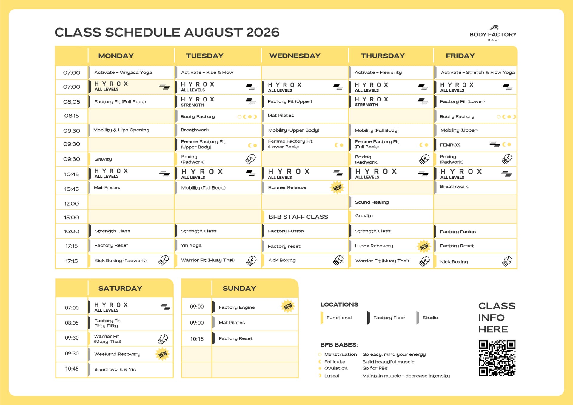 Body Factory Bali class schedule for August 2026
