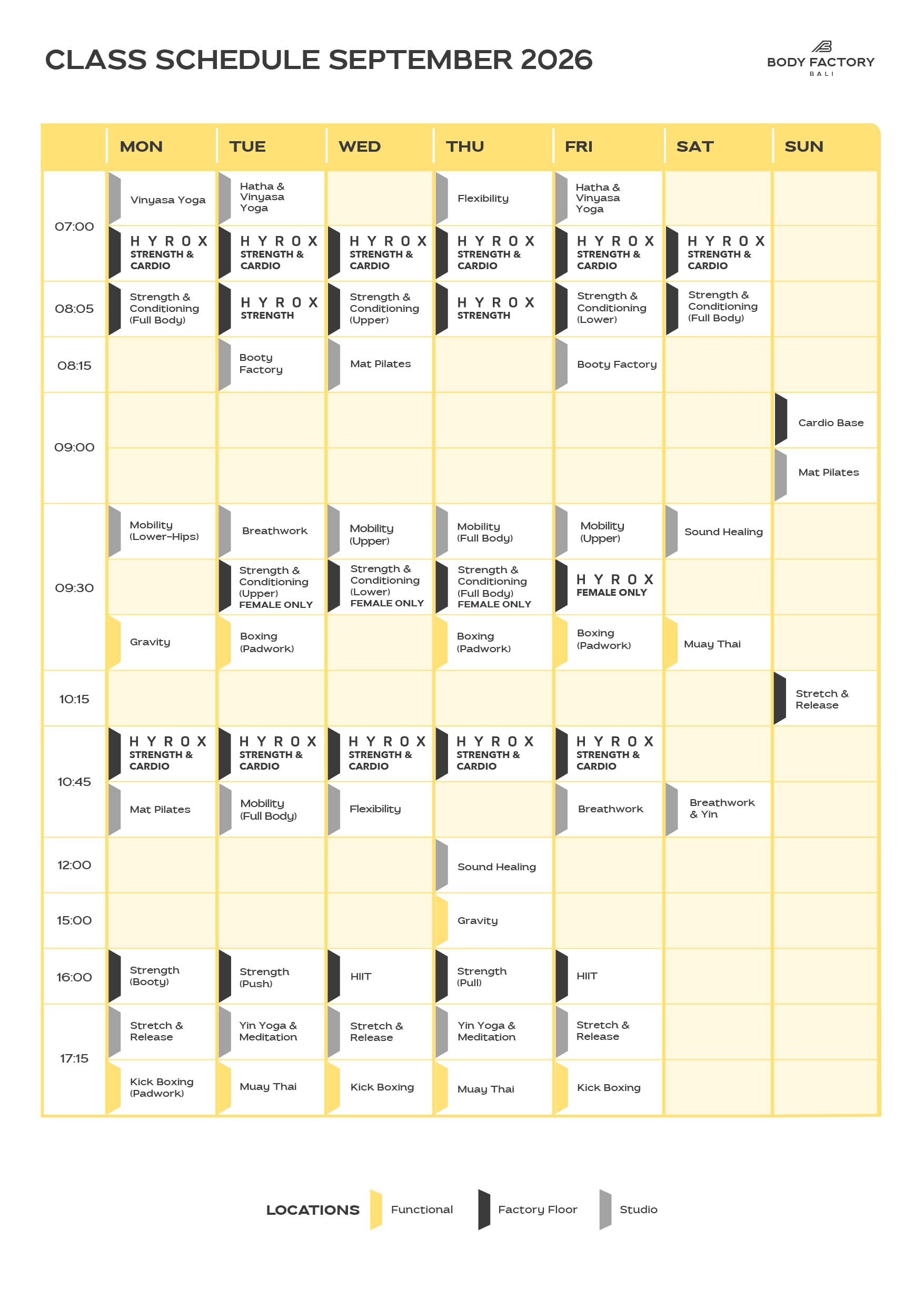 Body Factory Bali class schedule for September 2026